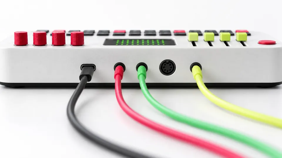 The back edge of the C-16 with red, green and lime patch cables plugged in