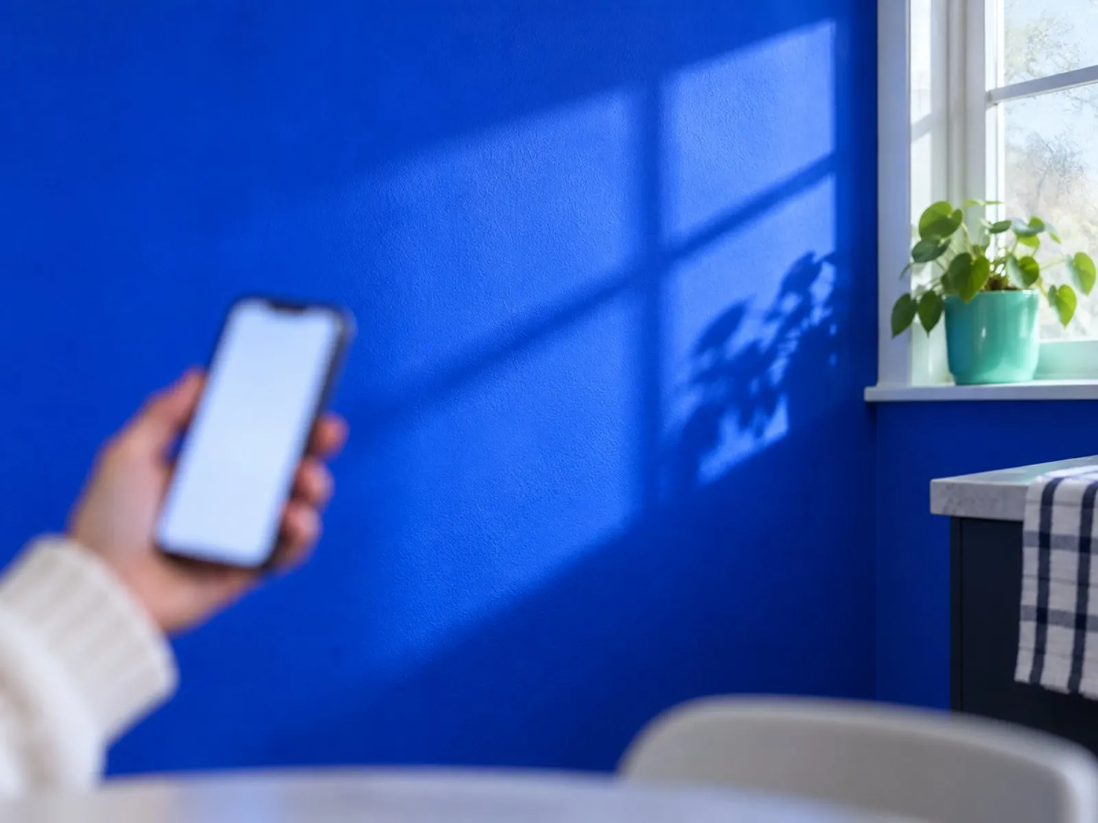 A hand holding a phone at a kitchen window, screen blurred