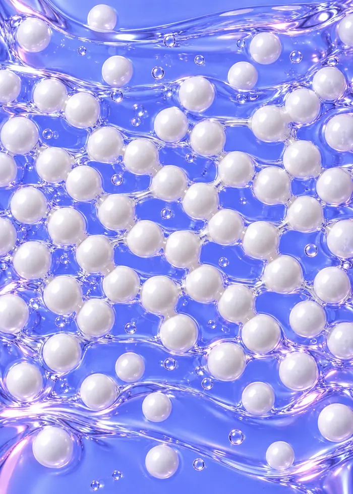 Glossy white ceramide beads suspended in clear gel on a periwinkle surface