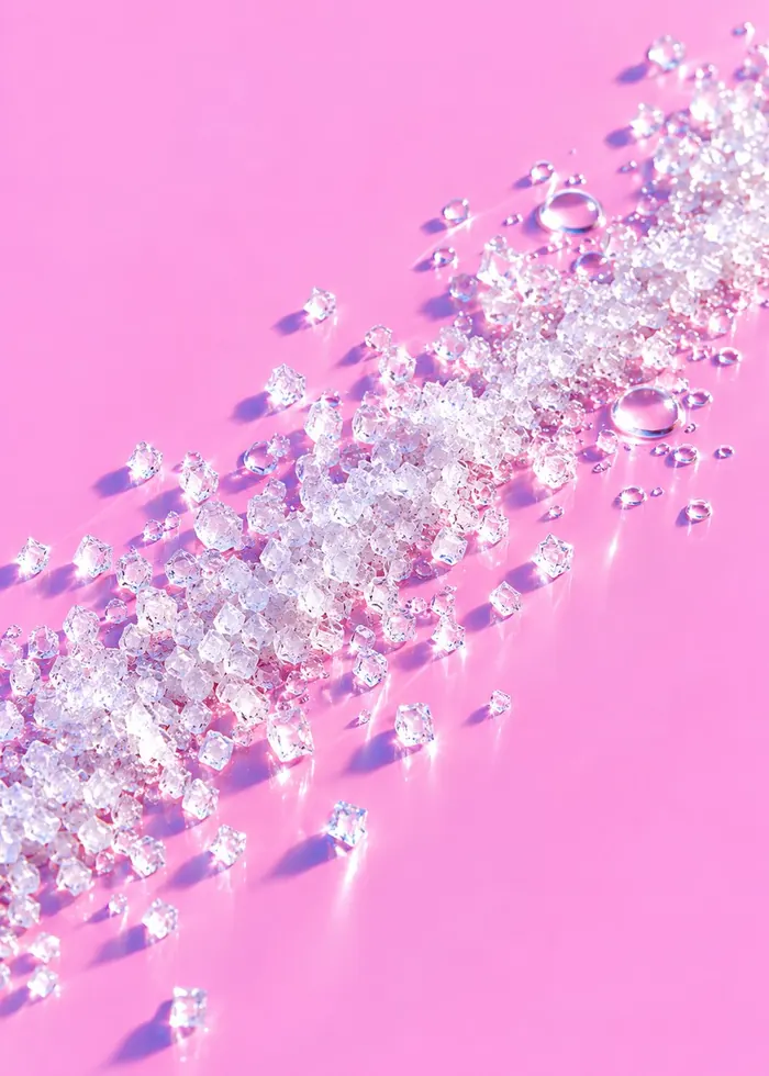 Fine white niacinamide crystals scattered on jelly-pink glass