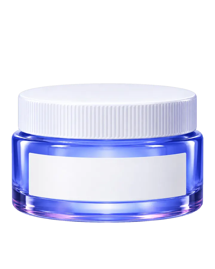 Glaze Gel Cream, a wide periwinkle glass jar with a white lid