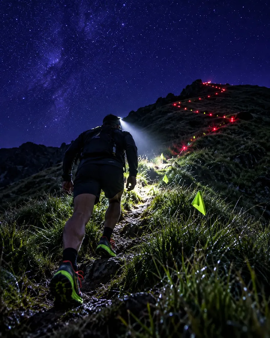 A runner with a headlamp climbing a ridge at night under red marker lights