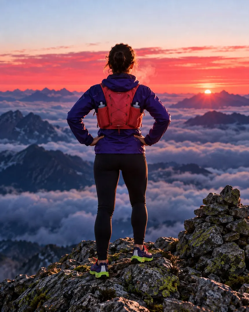 A runner seen from behind on a summit cairn above a sea of clouds