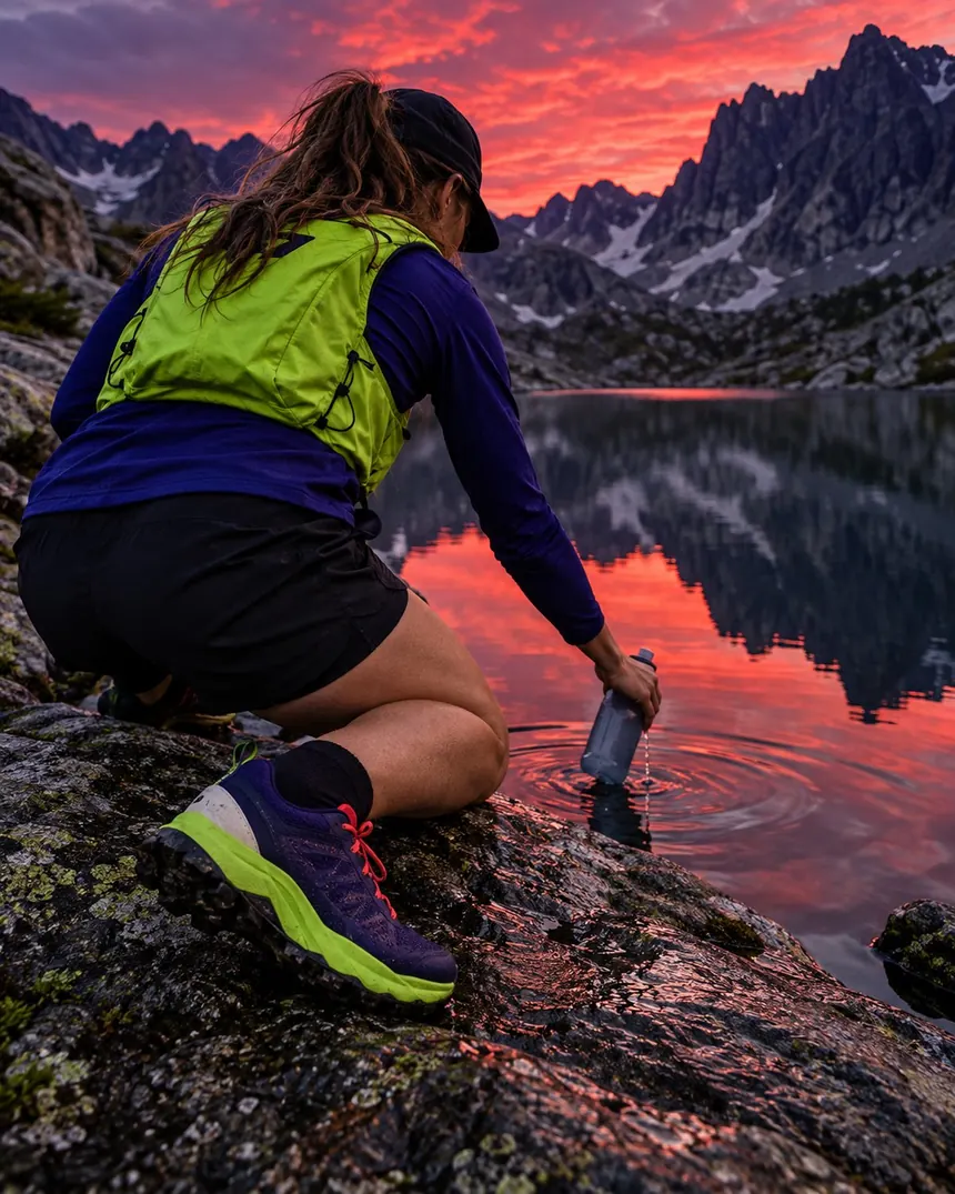 A runner kneeling by a mountain tarn to refill a flask, seen from behind