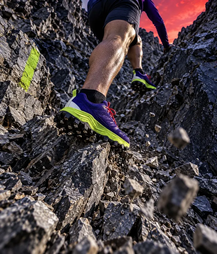 A lime-soled trail shoe planted on a sharp rock edge in a steep scree gully