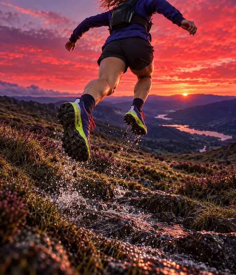 A runner airborne over a moorland stream at sunset, outsole lugs showing