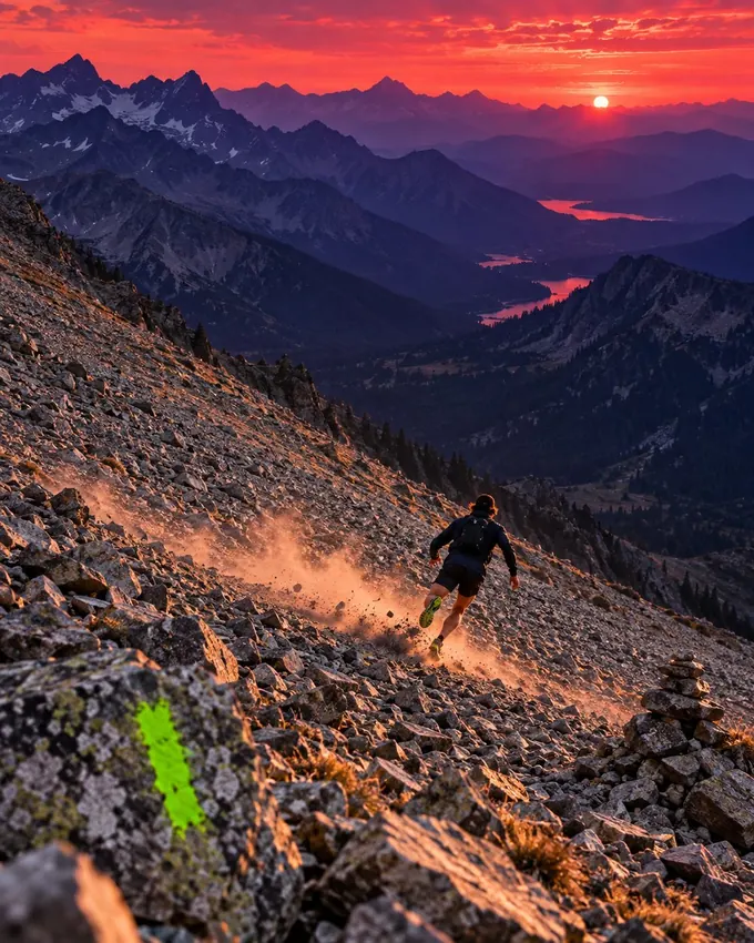 A lone runner sliding down a vast scree slope at dusk, dust lit red