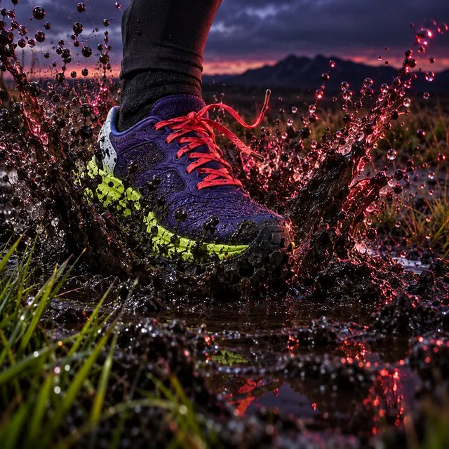 A trail shoe splashing into a black bog puddle, droplets frozen