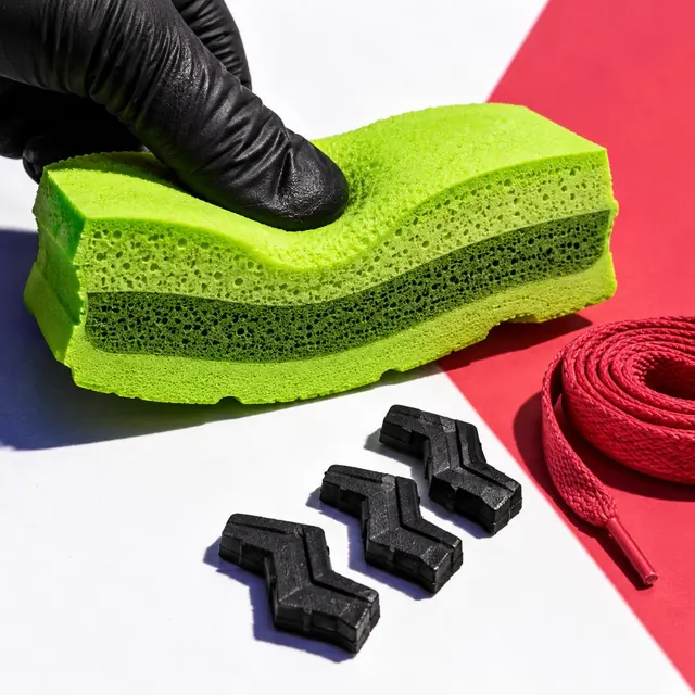A sliced slab of lime midsole foam being pressed by a gloved thumb