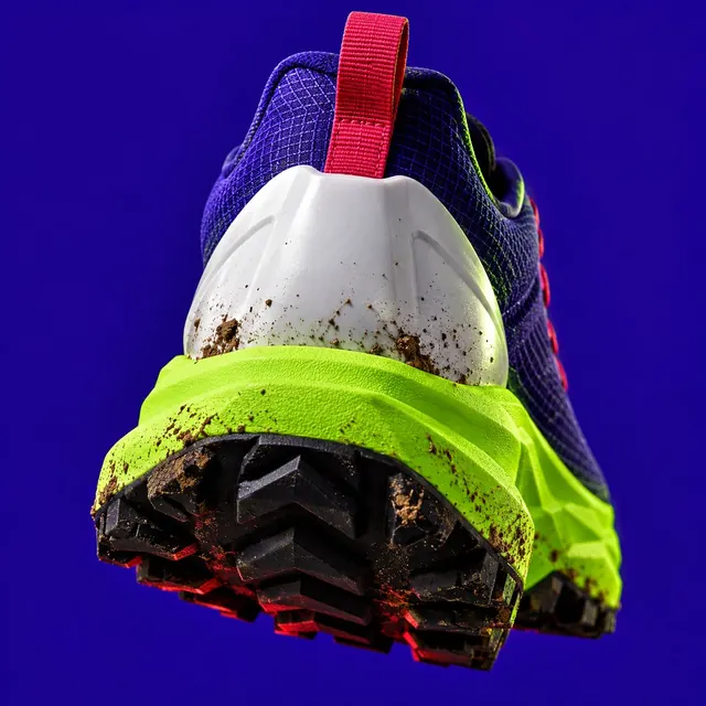 The white heel cup of the shoe on an indigo background with a lime rim light