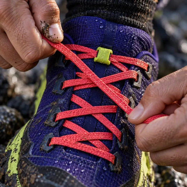 Hands pulling flat red laces tight over an indigo mesh tongue