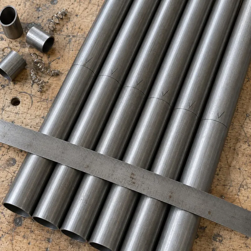 Steel tubes cut to length on the workshop bench