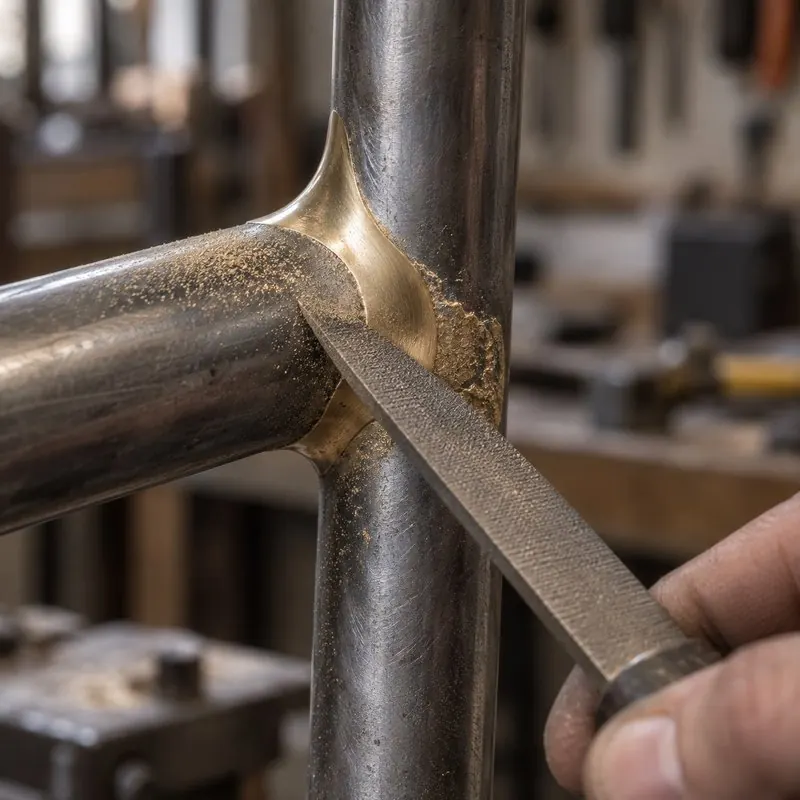 Hand file smoothing a fillet on a steel joint