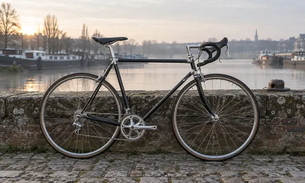 Black steel road frame leaning on a brick wall by the river at dawn