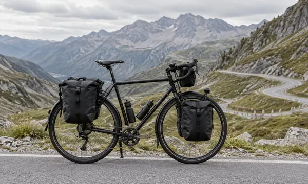 Loaded touring bike with front and rear racks on a mountain road