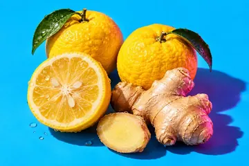 Yuzu and ginger root on a bright backdrop