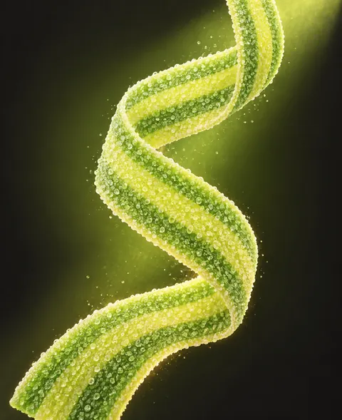 Sugar-sanded sour belt curling through lime light