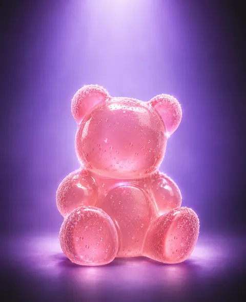 Pink gummy bear under lilac light