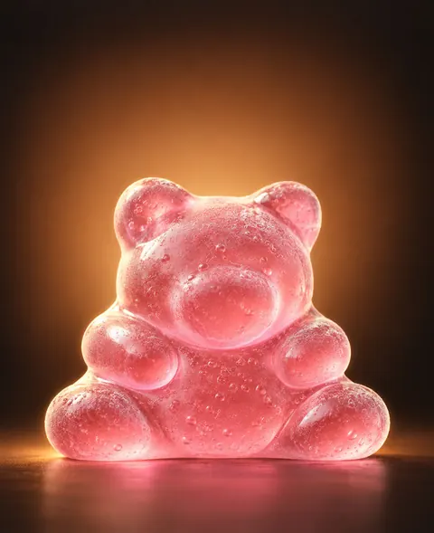 Pink gummy bear on a warm cocoa glow