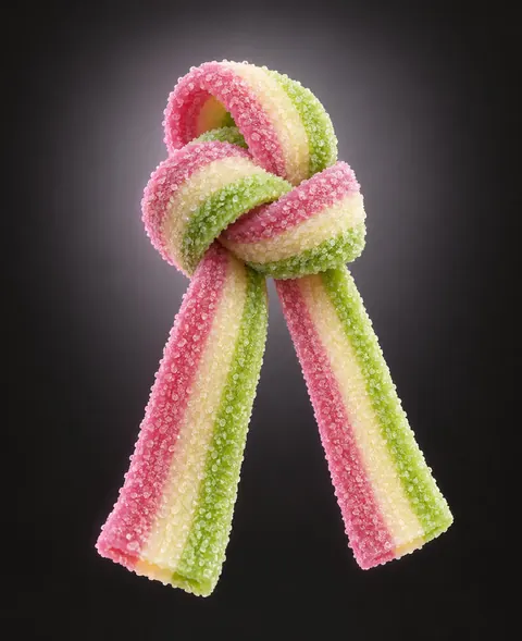 Striped sour belt against liquorice grey