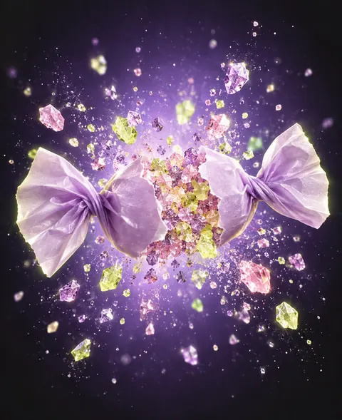 Wrapped fizz candy on a lilac glow