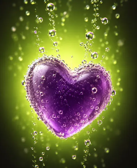 Purple glossy heart on a lime glow