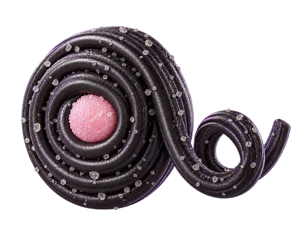 Black salty liquorice wheel with a pink candy centre