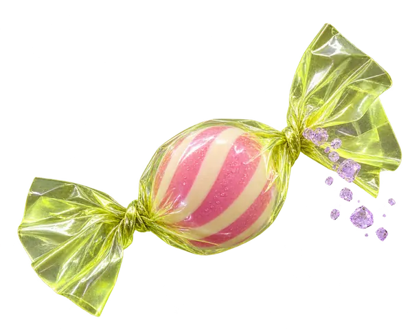 Pink-striped hard candy in a lime cellophane twist wrapper