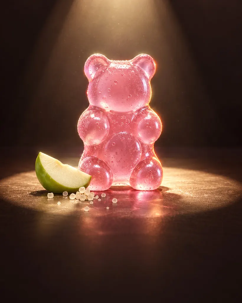 Glossy pink plant-based gummy bear standing in a pool of warm light