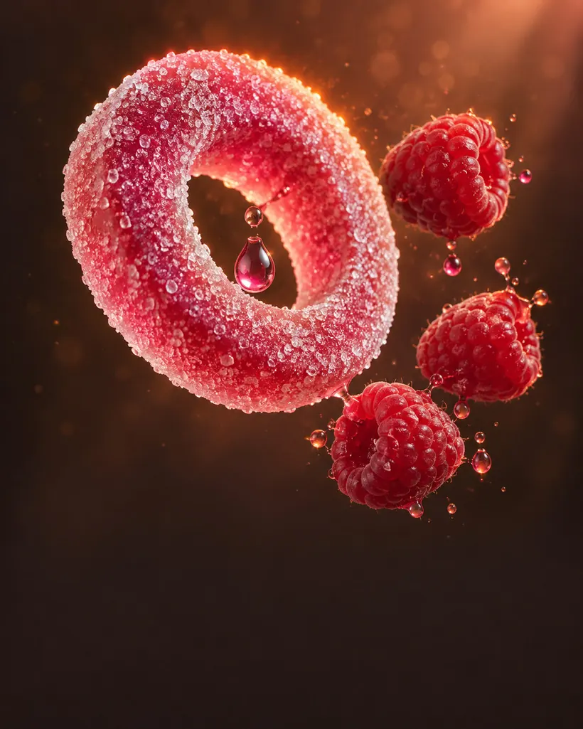Raspberry-pink sugared gummy ring on a warm, dark backdrop