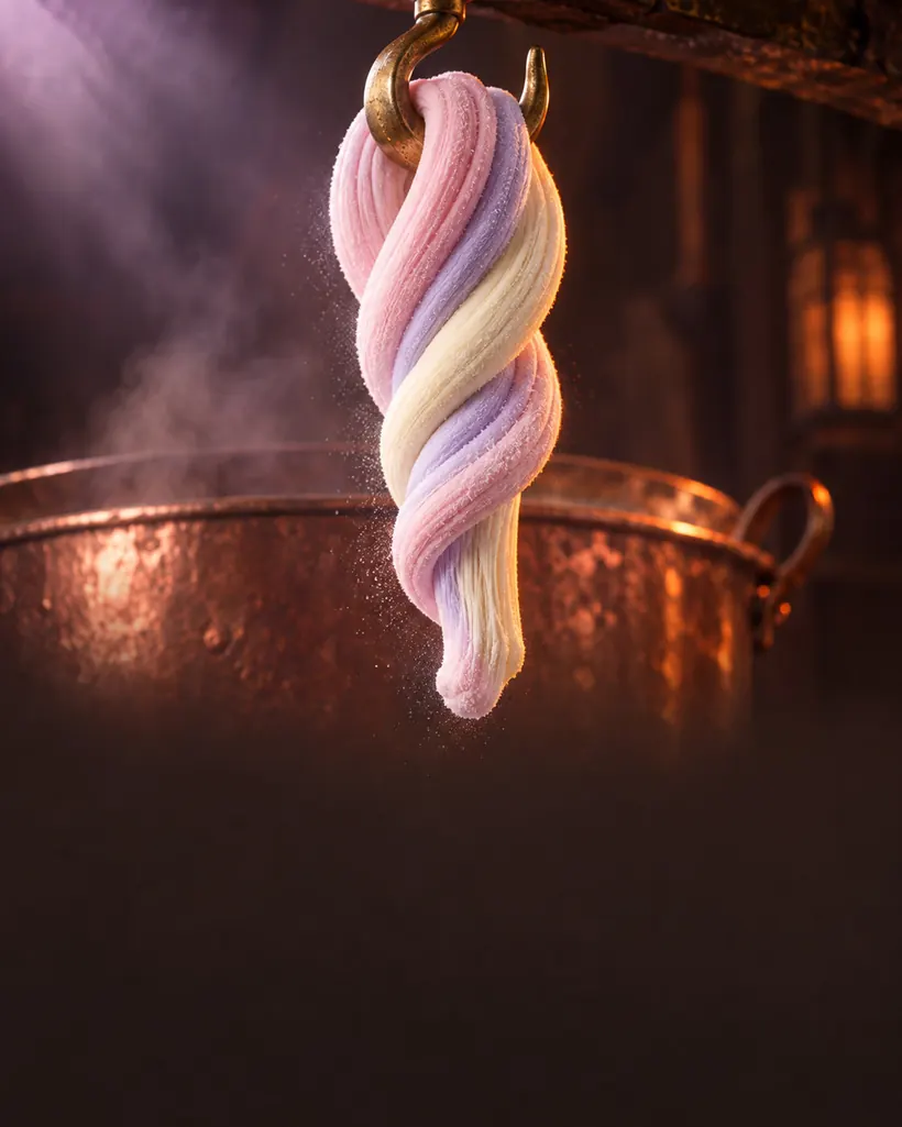 Pastel twisted marshmallow rope turning in soft lilac light