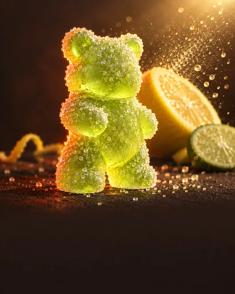 Lime sour gummy bear glowing under a warm citrus rim light on a dark chocolate backdrop