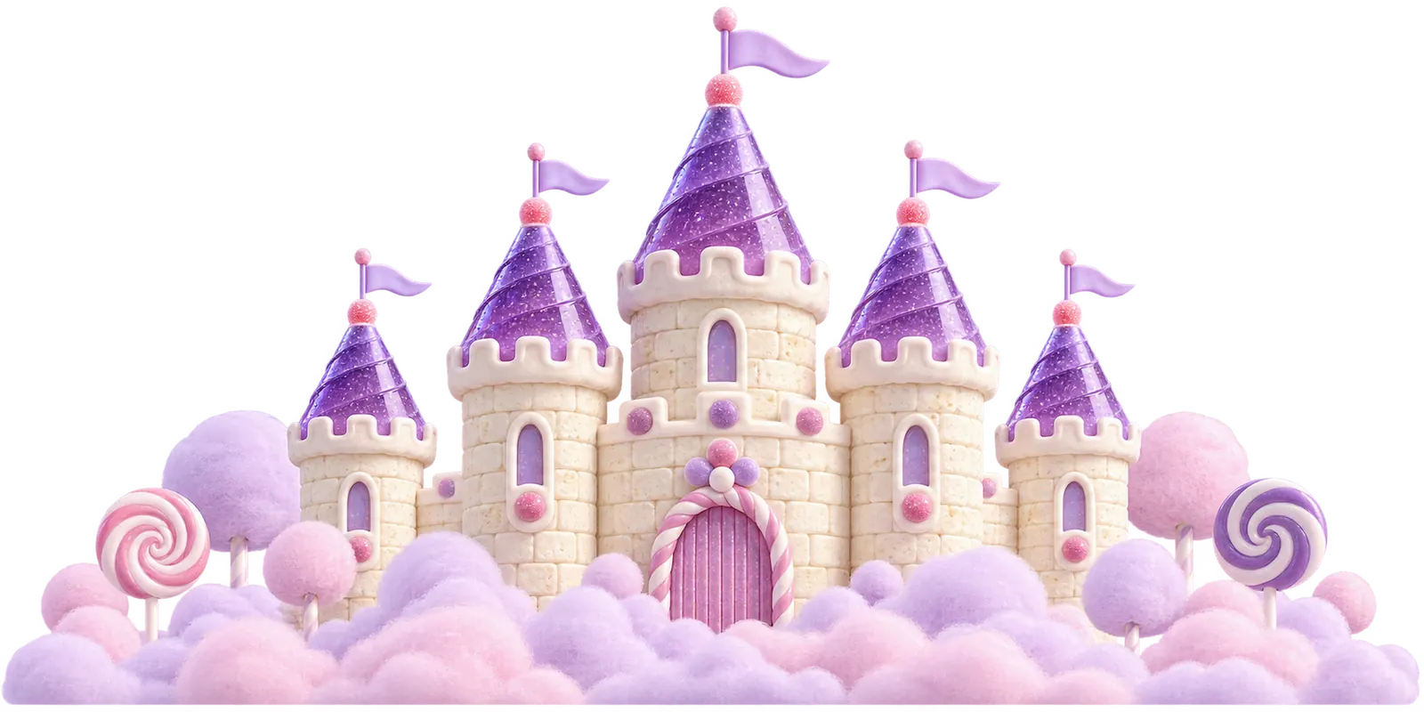 A pastel candy castle with purple cone roofs and flags rising out of cotton-candy clouds, lollipops at its gates