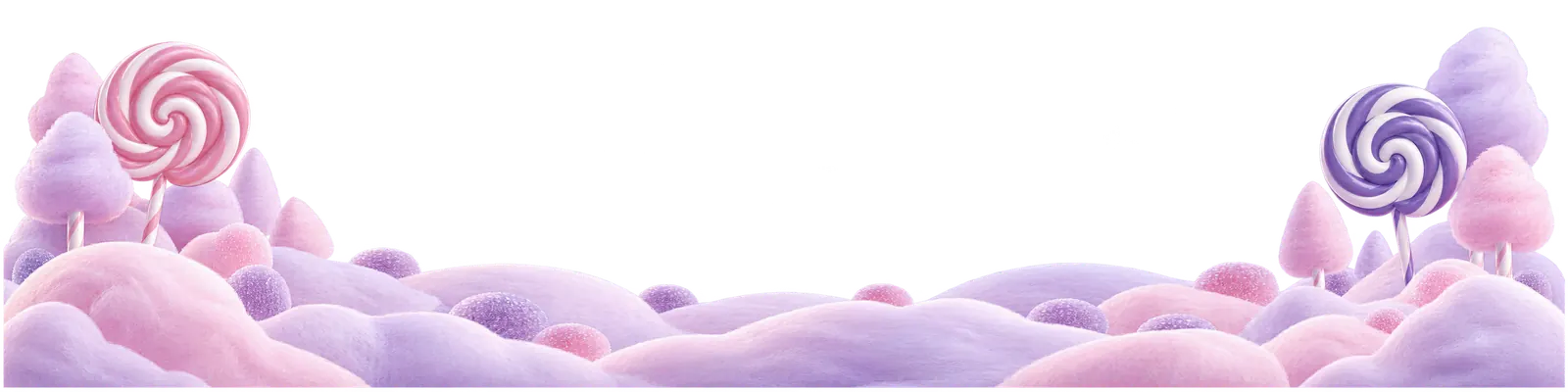 Foreground hills of lilac cotton candy with lollipop trees
