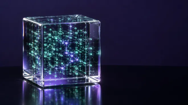 A glass cube with a glowing green lattice etched inside, lit on deep indigo.