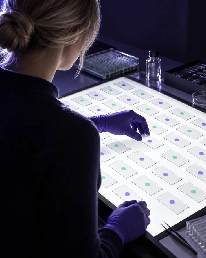 Over the shoulder of a researcher sorting glass slides on a glowing light table.