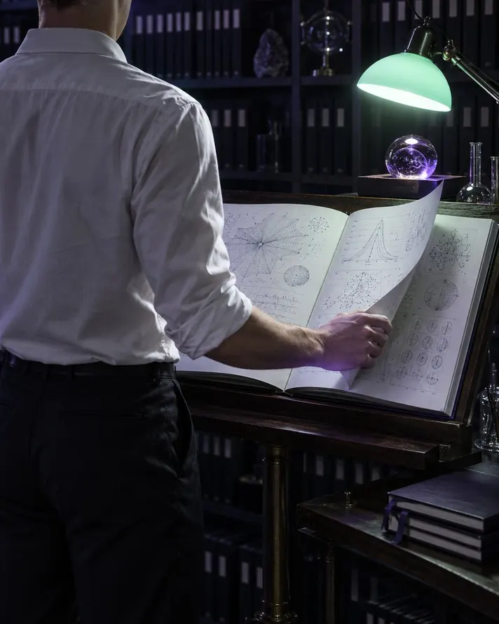 A man from behind turning a page of a large open notebook under a green lamp.