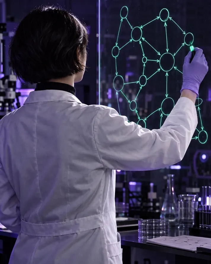 A researcher seen from behind drawing a glowing green network diagram on a glass pane.
