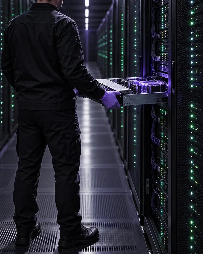 An engineer from behind sliding a glowing server tray out of a rack in a dark aisle.