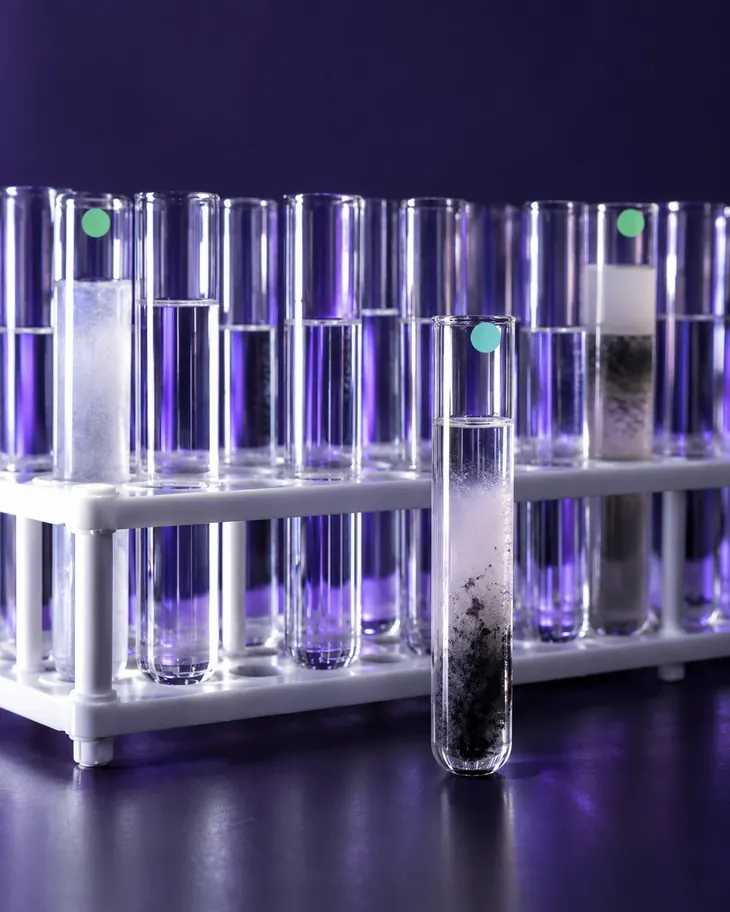 A rack of glass test tubes on deep indigo, with three cloudy failed samples flagged by green dots and one pulled forward.