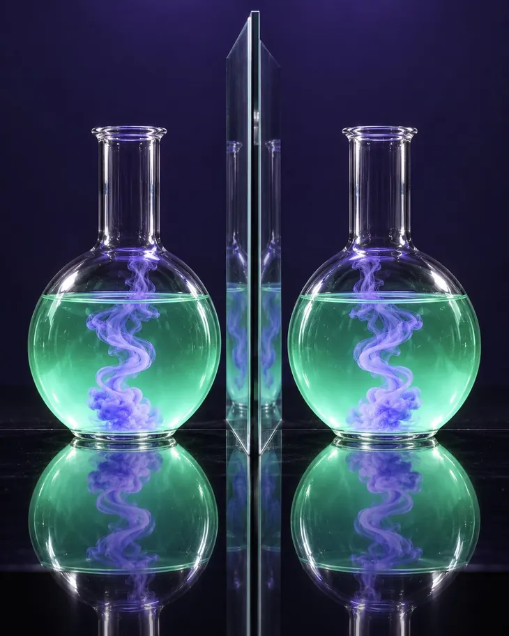 Two identical flasks of glowing green liquid with matching violet dye spirals, mirrored on black glass.