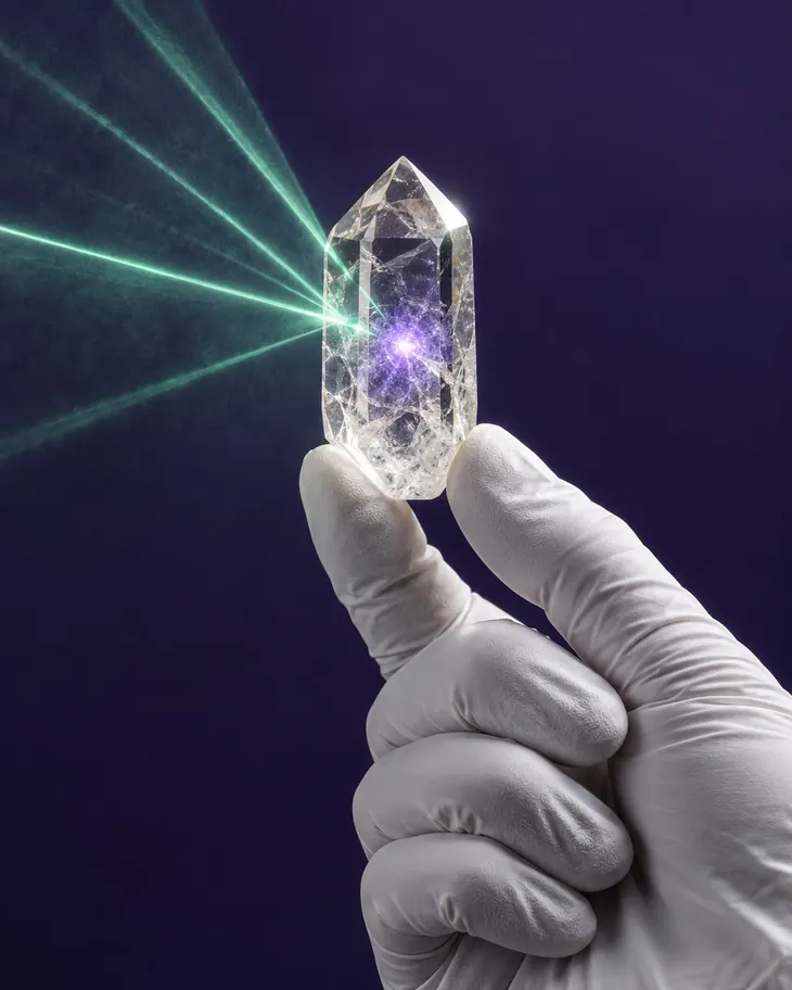 A small quartz crystal with a violet glowing core held in white-gloved fingers, splitting a green beam.