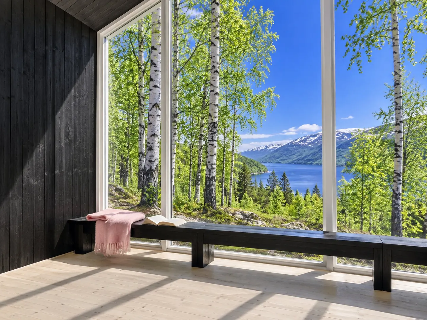 Corner of a cabin with floor-to-ridge glazing looking onto birch trunks, a pink wool throw on a black bench