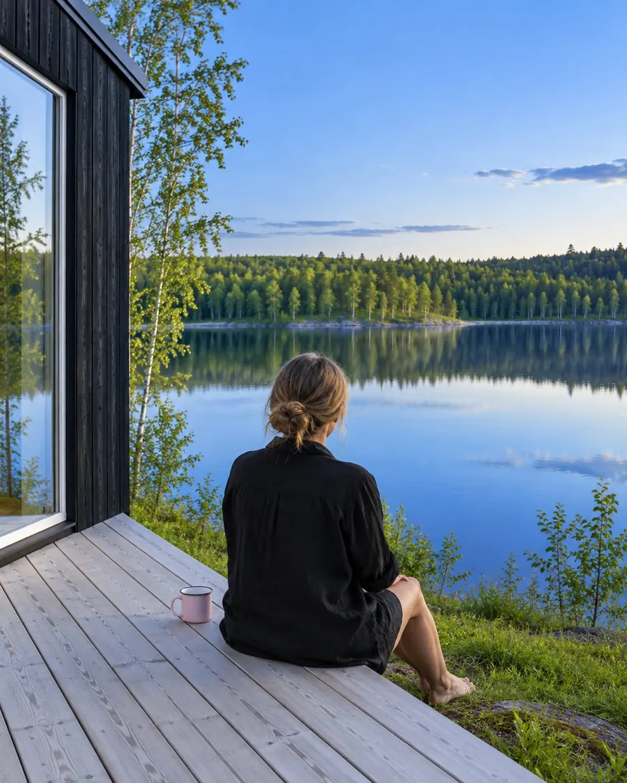 Midsummer evening on a cabin deck, a person seen from behind sitting with bare feet on warm larch boards facing the lake