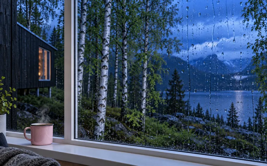 Rain running down a cabin gable window at dusk, blurred birch forest outside and a pink mug on the sill