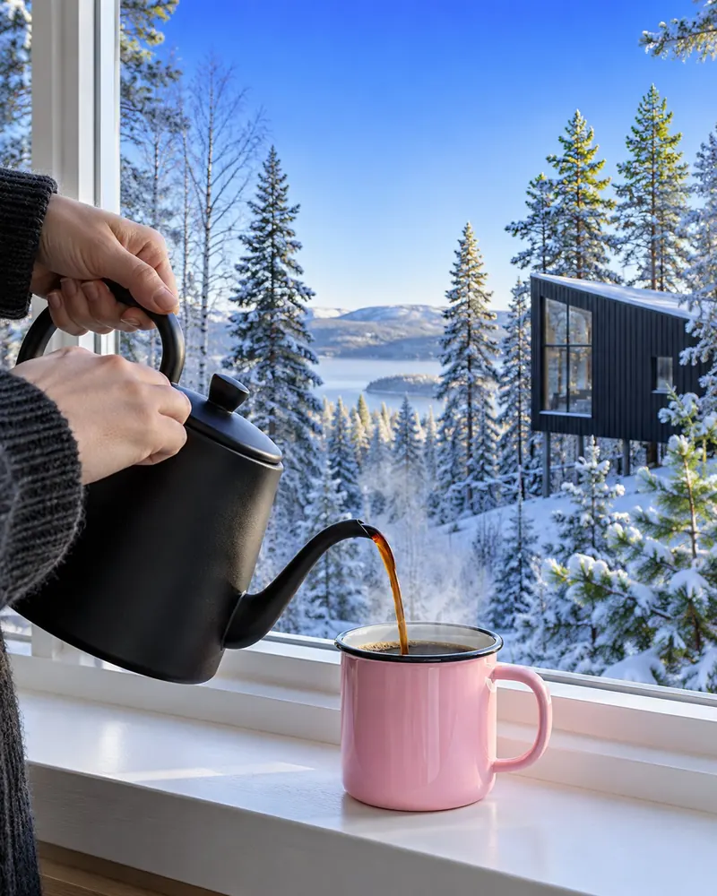 Hands pouring coffee from a black kettle into a pink enamel mug on a window ledge, frosted forest outside