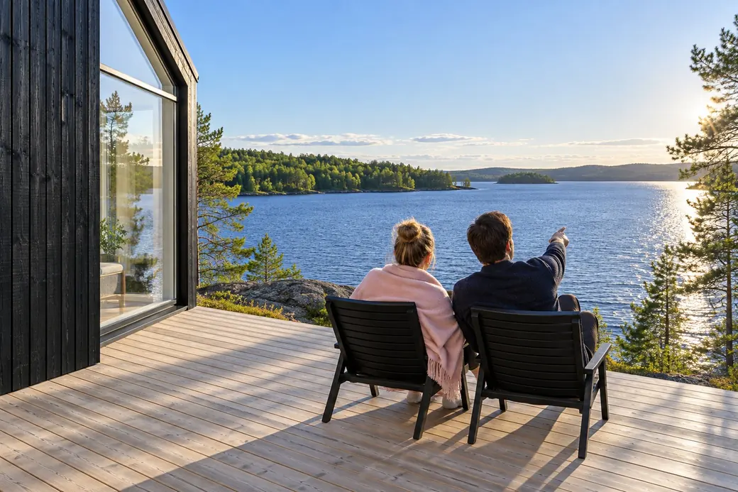 Two people seen from behind on a black cabin deck at golden hour, one wrapped in a pink blanket, looking over a lake