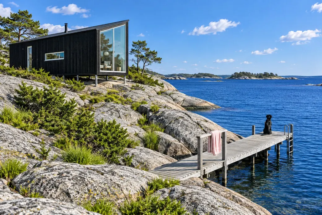 A small black cabin on smooth coastal granite above a calm blue sea, a wooden jetty below and a dog seen from behind