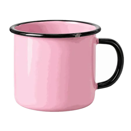 A pink enamel camping mug with a black rim