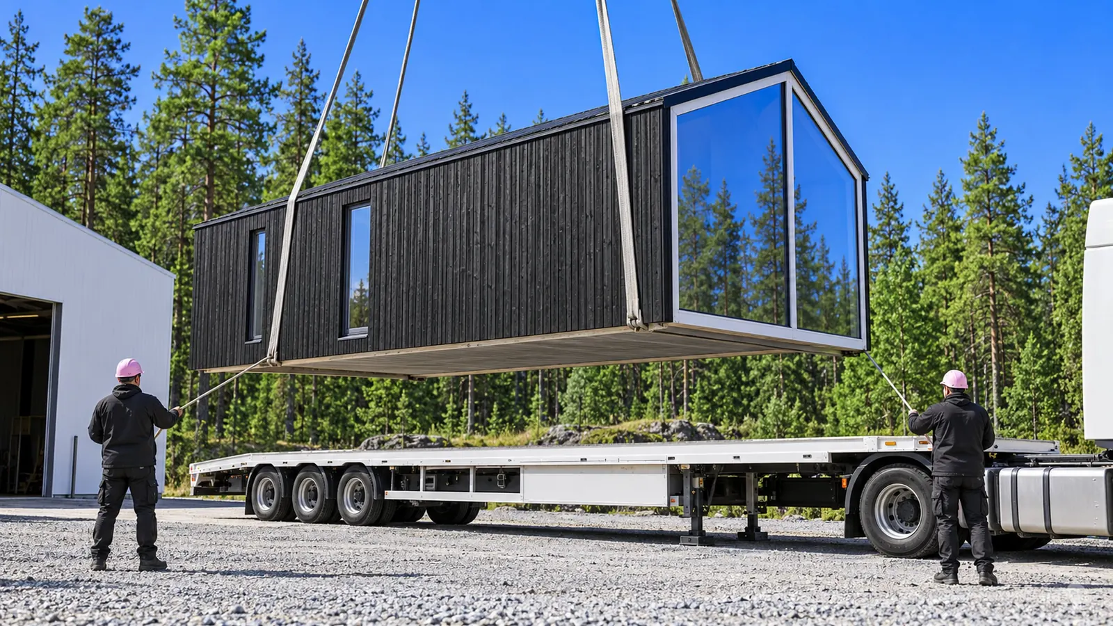 A finished black timber module lifted by crane onto a flatbed truck outside the hall, pines behind